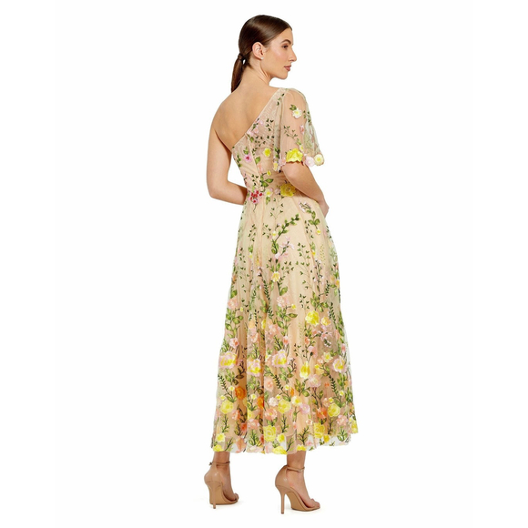 Mac Duggal NEW Yellow Floral One Shoulder Lace Embroidered Midi Dress - Size 10 - Picture 10 of 15